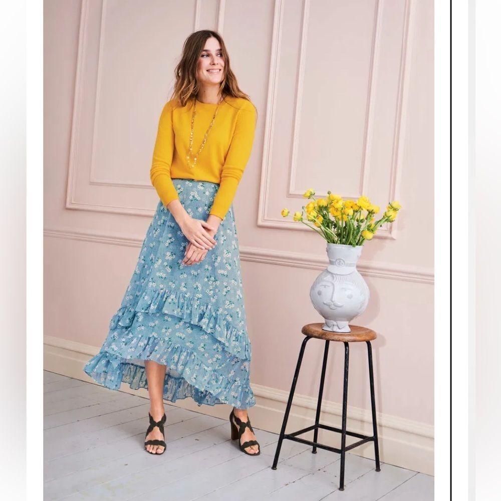 Boden Coraline Midi Skirt Heron Blue Tiered Blue White Green Floral Women's 6R